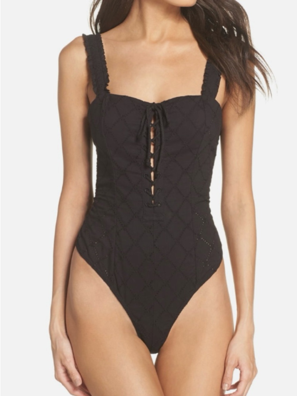 FREE PEOPLE Intimately | Make Me Up Black Thong Bodysuit Eyelet Lace Bustier XS